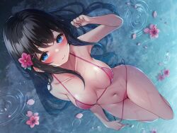  1girl bare_arms bare_shoulders bikini black_hair blue_eyes blush breasts closed_mouth covered_erect_nipples flower from_above hair_flower hair_ornament highres looking_at_viewer lying medium_breasts navel on_back original partially_submerged pink_bikini pink_flower ripples see-through_swimsuit smile solo stomach string_bikini swimsuit thighs toyosaki_shu water wet 