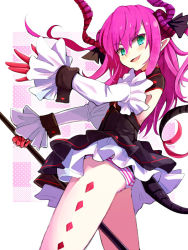  1girl aqua_eyes claws dragon_tail dress elizabeth_bathory_(fate) fate/extra fate/extra_ccc fate_(series) horns panties pantyshot pink_hair solo striped_clothes striped_panties tail underwear upskirt yude  rating:Questionable score:6 user:phantom-will