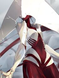  1girl breasts carapace colored_skin commentary cowboy_shot cropped_legs elesh_norn exposed_muscle highres idkuroi looking_at_viewer magic:_the_gathering mask medium_breasts red_skin smirk solo standing white_skin 