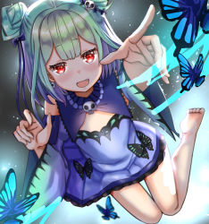  absurdres bug butterfly commentary_request detached_sleeves double_bun earrings fang flat_chest green_hair hair_between_eyes hair_bun highres hololive insect jewelry looking_at_viewer nootomo open_mouth red_eyes short_hair simple_background solo uruha_rushia uruha_rushia_(1st_costume) virtual_youtuber  rating:Sensitive score:9 user:danbooru