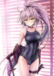 1girl absurdres alternate_costume bare_shoulders black_gloves blue_one-piece_swimsuit blush breasts closed_mouth collarbone competition_school_swimsuit covered_navel fate/grand_order fate_(series) gloves highres holding indoors jacket jeanne_d&#039;arc_alter_(swimsuit_berserker)_(fate) jeanne_d&#039;arc_(fate) jeanne_d&#039;arc_alter_(fate) jeanne_d&#039;arc_alter_(swimsuit_berserker)_(fate) koyuki_(kotatsu358) long_hair looking_at_viewer medium_breasts off_shoulder one-piece_swimsuit open_clothes open_jacket ponytail purple_hair scan school_swimsuit sheath solo swimsuit sword thigh_strap weapon yellow_eyes rating:Sensitive score:22 user:danbooru
