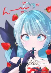 1girl ahoge bare_shoulders black_bow blush bow collarbone cross-shaped_pupils detached_sleeves drill_hair drinking_straw drinking_straw_in_mouth food fruit gloves green_eyes green_hair grey_background gwen_(league_of_legends) hair_bow heart heart_ahoge highres iorisu league_of_legends long_hair looking_at_viewer low_twintails portrait purple_gloves simple_background smile solo star-shaped_pupils star_(symbol) strawberry symbol-shaped_pupils translation_request twin_drills twintails wrist_bow rating:General score:4 user:danbooru