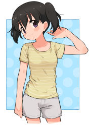  1girl absurdres arm_at_side black_hair blue_background blush border clenched_hand closed_mouth collarbone cropped_legs grey_shorts hair_between_eyes hand_up head_tilt highres kuraue_hinata looking_at_viewer meis_(terameisu) outside_border polka_dot polka_dot_background purple_eyes shirt short_hair short_sleeves short_twintails shorts smile solo standing striped_clothes striped_shirt twintails white_border yama_no_susume yellow_shirt  rating:Sensitive score:31 user:danbooru