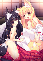 2girls animal_ear_fluff animal_ears black_hair blonde_hair breasts bukkake cover cover_page cum cum_on_body cum_on_breasts cum_on_hair cum_on_lower_body cum_on_upper_body fox_ears fox_tail japanese_clothes long_hair miko multiple_girls nipples open_clothes original purple_eyes roshin small_breasts tail thighhighs yellow_eyes  rating:Explicit score:48 user:danbooru