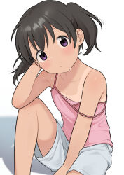  1girl :/ absurdres bare_shoulders black_hair blush camisole closed_mouth collarbone commentary head_tilt highres knee_up kuraue_hinata looking_at_viewer meis_(terameisu) paid_reward_available pink_camisole purple_eyes shadow short_hair short_shorts shorts simple_background sitting solo strap_slip sweat tan tanline tareme very_sweaty white_background white_shorts yama_no_susume 
