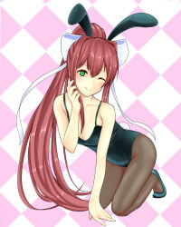  1girl bow breasts brown_hair checkered_background cleavage doki_doki_literature_club el green_eyes hair_bow hair_intakes long_hair looking_at_viewer monika_(doki_doki_literature_club) one_eye_closed ponytail rabbit_ears rabbit_tail stilettos thighhighs white_hair_ribbon wink  rating:Questionable score:3 user:FFDP-Neko