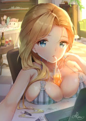 1girl alcohol aliter artist_name azur_lane bathtub between_breasts bikini blonde_hair blue_eyes blush breast_rest breasts computer cup drinking drinking_glass drinking_straw glass highres hood_(azur_lane) jewelry laptop large_breasts long_hair looking_at_viewer ornate_ring ring solo striped_bikini striped_bikini_top striped_clothes swimsuit upper_body wine wine_glass rating:Questionable score:30 user:danbooru