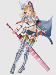  1girl absurdres alternate_costume animal_ear_headphones animal_ears armor bikini_armor black_shorts blue_archive breastplate breasts cape cat_ear_headphones cat_tail commentary_request fake_animal_ears full_body greaves grey_background halo headphones highres holding holding_weapon looking_at_viewer medium_hair momoi_(blue_archive) navel open_mouth orange_hair pink_eyes pink_halo shorts simple_background small_breasts solo standing susukawa_(susucawa) tail underboob weapon 