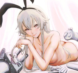 &gt;_&lt; 10s 1girl alternate_eye_color anchor_hair_ornament arm_support ass black_ribbon breasts butt_crack cleavage closed_eyes closed_mouth cowboy_shot hair_between_eyes hair_ornament hairband hand_on_own_cheek hand_on_own_face holding holding_hair kantai_collection long_hair lying medium_breasts on_stomach pandarou panties playing red_eyes rensouhou-chan revision ribbon ribs shimakaze_(kancolle) sidelocks silver_hair smile topless torpedo underwear white_panties rating:Questionable score:15 user:danbooru