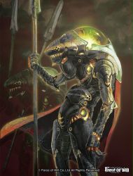  cape copyright_name electricity force_of_will humanoid_robot machine mechanical_arms mechanical_legs official_art polearm robot single_mechanical_arm spear weapon  rating:Sensitive score:4 user:danbooru
