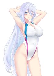  1girl armpits arms_behind_head azur_lane blue_eyes breasts cleavage commission competition_swimsuit covered_navel cowboy_shot highleg highleg_swimsuit highres large_breasts long_hair multicolored_clothes multicolored_swimsuit namako32 one-piece_swimsuit pixiv_commission presenting_armpit solo sovetsky_soyuz_(azur_lane) swimsuit very_long_hair white_hair white_one-piece_swimsuit 