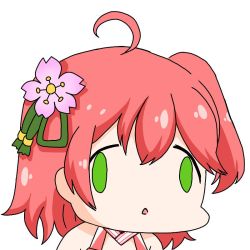 1girl ahoge cherry_blossoms chestnut_mouth face_of_the_people_who_sank_all_their_money_into_the_fx_(meme) flower green_eyes hair_flower hair_ornament hololive meme momo_kimuchi008 one_side_up open_mouth parody pink_hair sakura_miko sakura_miko_(old_design) solo upper_body virtual_youtuber white_background 