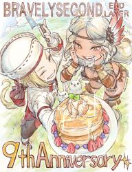  1boy 1girl absurdres aimee_matchlock angelo_ovo_panettone anniversary blonde_hair blush bravely_default_(series) bravely_second:_end_layer dark-skinned_female dark_skin drooling excited feather_hair_ornament feathers food from_above fruit hair_ornament hands_on_own_cheeks hands_on_own_face highres holding holding_plate holding_spatula honey ikusy looking_at_food official_art one_eye_closed pancake pancake_stack patissier perspective pillbox_hat plate red_eyes sparkle sparkling_eyes spatula strawberry strawberry_slice white_hair yellow_eyes 