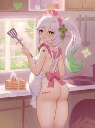  1girl absurdres apron ass big_belly breasts cowboy_shot food frying_pan genshin_impact gradient_hair green_eyes green_hair hair_ornament highres holding holding_spatula indoors looking_at_viewer looking_back multicolored_hair nahida_(genshin_impact) naked_apron nozora_yuzu open_mouth pancake pancake_stack pointy_ears ponytail pregnant small_breasts smile solo spatula white_apron white_hair 