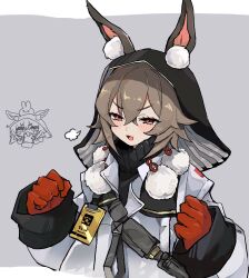  1girl :d animal_ear_fluff animal_ears arknights black_sweater blush brown_hair caper_(arknights) chibi chibi_inset commentary_request ears_through_headwear gloves grey_background hair_between_eyes hands_up highres hood hood_up ikhlh2 jacket long_sleeves multiple_views open_mouth puffy_long_sleeves puffy_sleeves red_eyes red_gloves sleeves_past_wrists smile sweater turtleneck turtleneck_sweater two-tone_background upper_body v-shaped_eyebrows white_background white_jacket 