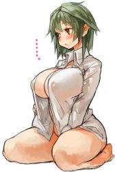  ... 1girl belly between_legs blush bottomless breasts collared_shirt covered_erect_nipples green_hair huge_breasts kazami_yuuka long_sleeves no_bra open_clothes open_shirt perky_breasts red_eyes sachito shirt short_hair simple_background sitting solo thick_thighs thighs touhou white_background  rating:Questionable score:97 user:danbooru