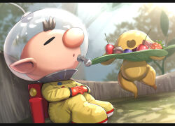  1boy acorn arms_on_knees big_nose black_border blue_sky blueberry border brown_hair buttons cherry closed_eyes commentary_request food fruit full_body gloves gonzarez grapes helmet highres holding holding_leaf hole_in_head jetpack knees_up leaf letterboxed light_particles male_focus nintendo olimar open_mouth outdoors oversized_food oversized_object own_hands_together pikmin_(series) pikmin_3 plasm_wraith pointy_ears radio_antenna raspberry red_bag red_gloves shadow short_hair sitting sky slime_(creature) space_helmet spacesuit sunlight tree twitter_username very_short_hair whistle 