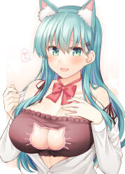 1girl animal_ear_fluff animal_ears aqua_hair black_bra blush bra breasts buttons cat_cutout cat_ears cleavage clothing_cutout collarbone commentary green_eyes hair_between_eyes hair_ornament hairclip heart jewelry kantai_collection large_breasts long_hair long_sleeves neck_ribbon open_mouth red_ribbon revision ribbon ring rui_shi_(rayze_ray) shirt smile solo spoken_heart suzuya_(kancolle) underwear upper_body wedding_ring white_shirt rating:Sensitive score:6 user:danbooru