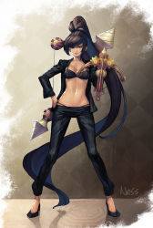  1girl absurdly_long_hair alternate_costume black_hair black_pants bow_(weapon) bra brown_eyes crossbow dixneuf full_body glasses hand_on_own_hip high_heels jacket league_of_legends long_hair long_sleeves looking_at_viewer midriff navel open_clothes open_jacket pants ponytail vayne_(league_of_legends) smile solo standing underwear very_long_hair weapon  rating:Sensitive score:40 user:danbooru