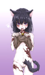  1girl absurdres animal_ears bare_shoulders bell black_eyes black_hair blush bottomless breasts burn_scar cat_day cat_ears cat_tail clothes_lift cowboy_shot dorei_to_no_seikatsu_~teaching_feeling~ dress dress_lift gradient_background heart heart-shaped_pupils highres jingle_bell kemonomimi_mode long_hair looking_at_viewer mouth_hold paw_print purple_background pussy pussy_juice scar simple_background small_breasts solo strap_slip sutegoma sweat sylvie_(dorei_to_no_seikatsu) symbol-shaped_pupils tail thigh_gap  rating:Explicit score:33 user:danbooru