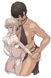  2girls armpits ass bare_shoulders belly_chain blonde_hair blue_eyes blush body_chain breasts brown_hair cleavage closed_eyes dark-skinned_female dark_skin dry_humping earrings frottage grinding height_difference highres humping jewelry kei_(m_k) large_breasts long_hair m_k medium_breasts midriff multiple_girls navel open_mouth original ponytail rika_(m_k) short_hair simple_background size_difference standing sweat tall tall_female tan tomboy toned yuri 