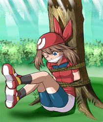  1girl ;o arms_behind_back bandana bdsm black_socks blue_eyes bondage bound breasts brown_hair covered_mouth creatures_(company) daikinbakuju female_focus gag gagged game_freak grass may_(pokemon) nature nintendo one_eye_closed outdoors pokemon pokemon_rse red_shirt rope shirt shoes skirt small_breasts socks solo spandex tied_to_tree tree white_skirt wince  rating:Questionable score:29 user:superosama