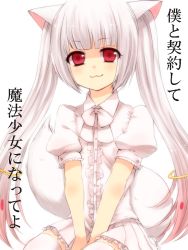  10s 1girl :3 androgynous animal_ears ascot bad_id bad_pixiv_id blush crossdressing kyubey long_hair mahou_shoujo_madoka_magica mahou_shoujo_madoka_magica_(anime) make_a_contract personification red_eyes skirt smile solo suzuho tail thighhighs white_hair white_thighhighs  rating:General score:25 user:BlueBaroness