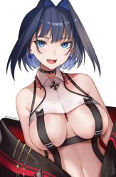  1girl :d absurdres azur_lane bare_shoulders black_choker blue_bow blue_hair bow bow_earrings breasts choker cosplay crop_top cross earrings fangs hair_intakes halterneck highres hololive hololive_english iron_cross jacket jewelry looking_at_viewer medium_breasts navel off_shoulder open_mouth ouro_kronii rakku_(rkrmz0n) short_hair simple_background sleeveless smile solo twitter_username ulrich_von_hutten_(azur_lane) ulrich_von_hutten_(azur_lane)_(cosplay) upper_body virtual_youtuber white_background  rating:Questionable score:78 user:danbooru