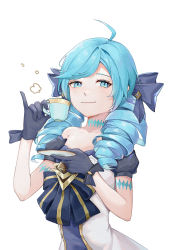 1girl absurdres ahoge black_bow black_gloves bow breasts collarbone cup detached_sleeves dress drill_hair gloves green_eyes green_hair grey_dress gwen_(league_of_legends) hair_bow highres holding holding_cup league_of_legends long_hair nitouchesiji puffy_short_sleeves puffy_sleeves short_sleeves smile solo strapless strapless_dress twin_drills twintails rating:General score:8 user:danbooru