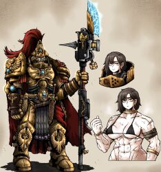  1girl abs absurdres adeptus_custodes armor bolter breasts gauntlets gold_armor guardian_spear helmet highres holding holding_polearm holding_weapon imperial_aquila large_breasts muscular muscular_female octosoup pauldrons polearm red_plume scar scar_on_arm scar_on_stomach shoulder_armor smile solo spear sweat warhammer_40k weapon 