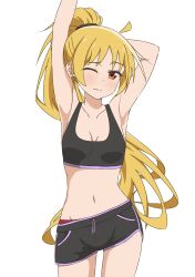  1girl absurdres ahoge alternate_costume arm_behind_head armpits arms_up black_scrunchie black_shorts black_sports_bra blonde_hair bocchi_the_rock! breasts commentary cowboy_shot detached_ahoge english_commentary hair_ornament hair_scrunchie high_ponytail highres ijichi_seika medium_breasts navel one_eye_closed panties red_panties scrunchie shorts simple_background solo sports_bra standing stretching thundradrawings underwear wavy_mouth white_background 