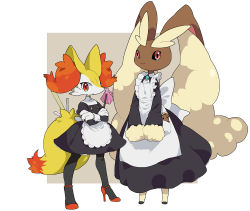  2girls animal_ears apron black_dress black_eyes black_footwear braixen brooch buneary clothed_pokemon colored_sclera creatures_(company) crossed_arms doll dress female_focus fox_ears fox_tail frilled_apron frills full_body game_freak gen_4_pokemon gen_6_pokemon hatenakayubi high_heels holding jewelry juliet_sleeves long_sleeves looking_at_viewer lopunny maid multiple_girls nintendo own_hands_together pokemon pokemon_(creature) puffy_long_sleeves puffy_sleeves rabbit_ears red_eyes red_footwear red_sclera shoes short_dress simple_background smile standing stick tail two-tone_background v_arms white_apron 