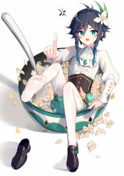 1boy absurdres androgynous anger_vein argyle argyle_clothes argyle_legwear black_hair blue_hair braid brooch collared_shirt commentary_request corset flower frilled_sleeves frills gem genshin_impact gradient_hair green_eyes green_shorts hair_flower hair_ornament highres jewelry leaf long_sleeves looking_at_viewer male_focus multicolored_hair open_mouth pantyhose shirt shoes short_hair_with_long_locks shorts sidelocks simple_background single_shoe solo tongzhiz twin_braids venti_(genshin_impact) vision_(genshin_impact) water white_background white_flower white_pantyhose white_shirt rating:Sensitive score:4 user:danbooru