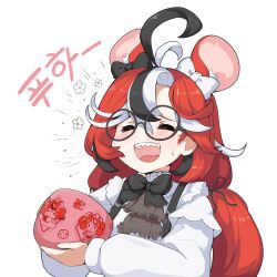  1girl absurdres ahoge animal_ears ascot black-framed_eyewear black_bow black_bowtie black_hair blush bow bowl bowtie commentary ear_bow glasses grey_ascot hakos_baelz hakos_baelz_(4th_costume) highres holding holding_bowl hololive hololive_english korean_text long_hair long_sleeves low_twintails mouse_ears multicolored_hair official_alternate_costume red_hair round_eyewear shirt simple_background snowmya solo streaked_hair suspenders sweatdrop symbol-only_commentary teeth twintails upper_body upper_teeth_only virtual_youtuber white_background white_shirt 