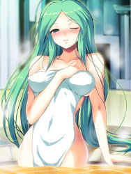  1girl bad_id bad_pixiv_id breasts green_eyes green_hair kid_icarus matching_hair/eyes nintendo nude one_eye_closed onsen palutena partially_submerged shikano_sumiaki smile solo towel wading water wink  rating:Questionable score:102 user:danbooru