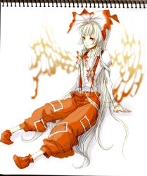  1girl 64_(artist) bow female_focus fujiwara_no_mokou hair_bow long_sleeves looking_at_viewer ofuda pants red_eyes simple_background solo suspenders touhou white_background  rating:Sensitive score:1 user:danbooru