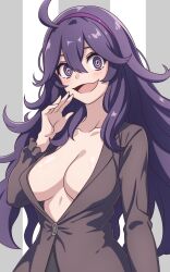  1girl @_@ ahoge alternate_costume arm_at_side asairosora blush breasts creatures_(company) eyebrows_hidden_by_hair game_freak hair_between_eyes hairband hand_up hex_maniac_(pokemon) highres large_breasts long_hair long_sleeves looking_at_viewer nintendo no_bra open_mouth plunging_neckline pokemon pokemon_xy purple_eyes purple_hair purple_hairband shirt smile solo upper_body very_long_hair 