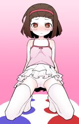  1girl absurdres akableak arms_behind_back bakemonogatari bare_shoulders blush breasts bright_pupils brown_eyes brown_hair cameltoe camisole casual closed_mouth collarbone commentary embarrassed english_commentary frilled_skirt frills from_below gradient_background hair_slicked_back hairband highres kneeling looking_at_viewer looking_down monogatari_(series) no_shoes nose_blush panties pantyshot pink_background pink_camisole pink_hairband raised_eyebrows scene_reference sengoku_nadeko skirt small_breasts solo spaghetti_strap teasing thighhighs twister underwear upskirt white_panties white_pupils white_skirt white_thighhighs zettai_ryouiki  rating:Questionable score:27 user:danbooru