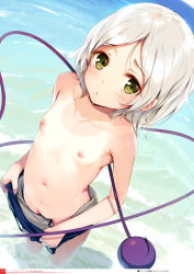 1girl absurdres bathing blush breasts clothes_pull collarbone day eyelashes from_above green_eyes green_hair groin highres horizon ke-ta komeiji_koishi loli looking_at_viewer navel nipples non-web_source ocean one-piece_swimsuit_pull open_clothes outdoors parted_bangs parted_lips partially_submerged petite sand short_hair small_breasts solo standing stomach swimsuit third_eye topless touhou translation_request water wet rating:Questionable score:238 user:danbooru