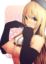 10s 1girl absurdres atago_(kancolle) bad_id bad_pixiv_id beret black_gloves blonde_hair blush breasts elbow_gloves from_side gloves gradient_background green_eyes hair_between_eyes hat heart heart_background highres kantai_collection large_areolae large_breasts lips long_hair looking_at_viewer nipples pink_background solo suno486_x upper_body rating:Questionable score:21 user:danbooru