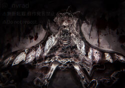 1girl arms_at_sides artist_name blonde_hair blood blood_on_clothes blood_on_face bow bowtie child chromatic_aberration closed_mouth collared_dress crossed_bangs dark dress embodiment_of_scarlet_devil female_focus flandre_scarlet flat_chest hair_between_eyes happy hat hat_bow horror_(theme) looking_at_viewer mob_cap neverland+ puffy_short_sleeves puffy_sleeves red_eyes short_hair short_sleeves sitting sketch smile solo spread_legs twitter_username watermark wings