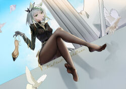  1girl absurdres ambience_synesthesia animal_ears arknights bird black_pantyhose black_shirt black_skirt blue_sky breasts character_name chinese_commentary cloud crossed_legs day dove exianble feet foot_focus green_hair grey_hair high_heels highres holding holding_shoes kal&#039;tsit_(arknights) legs long_sleeves multicolored_hair outdoors pantyhose shadow shirt shoes sitting skirt sky small_breasts soles solo thighs toes two-tone_hair unworn_shoes 