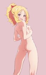  10s 191karasu 1girl :d ass back bad_id bad_pixiv_id blonde_hair blush bow breasts brown_eyes butt_crack covering_privates covering_nipples drill_hair drill_sidelocks eromanga_sensei grabbing grabbing_another&#039;s_breast hair_bow highres looking_at_viewer looking_back nude open_mouth pink_background ponytail pussy red_bow sidelocks simple_background smile solo uncensored yamada_elf 