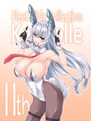  1girl :p absurdres adapted_costume aged_up alternate_breast_size breasts cowboy_shot detached_collar gloves hakkai highres kantai_collection large_breasts leotard long_hair looking_at_viewer murakumo_(kancolle) necktie orange_eyes pantyhose playboy_bunny rabbit_tail red_necktie shiny_skin sidelocks solo tail thick_eyebrows thighband_pantyhose tongue tongue_out very_long_hair white_hair wrist_cuffs 