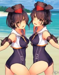  10s 2girls ass asymmetrical_hair bare_shoulders beach black_hair blush breasts brown_eyes clothes_writing cloud dated hair_between_eyes hat headphones i-13_(kancolle) i-14_(kancolle) kantai_collection koruta_(nekoimo) looking_at_viewer machinery multiple_girls neckerchief open_mouth sailor_collar school_swimsuit shirt short_hair siblings signature sisters sky smile swimsuit thighs tongue tree water  rating:Sensitive score:21 user:dual_souls