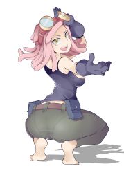 1girl absurdres ass bad_id bad_pixiv_id barefoot belt boku_no_hero_academia breasts commission feet gloves goggles goggles_on_head green_pants hatsume_mei highres hot_vr looking_at_viewer looking_back medium_breasts medium_hair midriff_peek open_mouth outstretched_arms pants pantylines pink_hair sideboob smile squatting symbol-shaped_pupils tank_top transparent_background yellow_eyes rating:Sensitive score:191 user:JustHere4Tits