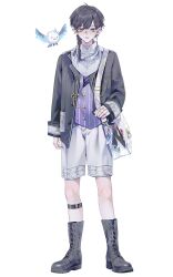  1boy anonymous_(nijisanji) bag black_hair black_jacket blue_eyes boots braid charm_(object) chinese_commentary ear_piercing earrings feathers full_body grey_footwear handheld_game_console highres jacket jewelry key looking_at_viewer male_focus multiple_rings nijisanji nintendo_switch official_art paisley piercing purple_shirt ring see-through shirt shorts single_braid single_earring solo standing star_(symbol) striped_clothes tachi-e teeth vertical-striped_clothes virtual_youtuber virtuareal white_shorts yog_(virtuareal) 