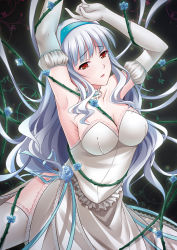 1girl armpits bad_id bad_pixiv_id bdsm bondage bound breasts cleavage elbow_gloves entangled flower gloves hairband idolmaster idolmaster_(classic) large_breasts long_hair open_mouth plant red_eyes shijou_takane silver_hair solo thighhighs tsukimi_kirara vines white_gloves white_thighhighs rating:Sensitive score:37 user:danbooru