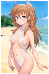  1girl beach blue_eyes blue_sky blurry blurry_background breasts brown_hair closed_mouth cloud commentary_request criss-cross_halter day hair_between_eyes hair_ribbon halterneck highres houjou_hibiki kazuma_muramasa long_hair looking_at_viewer medium_breasts navel o-ring o-ring_swimsuit ocean outdoors pink_ribbon precure revision ribbon sky slingshot_swimsuit smile solo suite_precure swimsuit two_side_up white_slingshot_swimsuit 