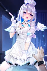  1boy 1girl absurdres amane_kanata amane_kanata_(nurse) angel angel_wings asymmetrical_hair bandaged_arm bandages bdsm bed blue_hair blue_wings blush bondage bound braid chain collarbone colored_inner_hair cowgirl_position curtains detached_collar dress evil_smile feathered_wings femdom gloves gradient_wings hair_ornament hairclip hat highres holding holding_syringe hololive hospital_bed indoors lanyard long_hair mini_wings multicolored_hair multicolored_wings name_tag night nurse nurse_cap official_alternate_costume open_mouth pantyhose pink_hair purple_eyes shaded_face shimo_(shimo332215) short_sleeves single_hair_intake smile solo_focus straddling streaked_hair syringe virtual_youtuber white_dress white_gloves white_pantyhose white_wings wings x_hair_ornament yandere  rating:Sensitive score:59 user:danbooru